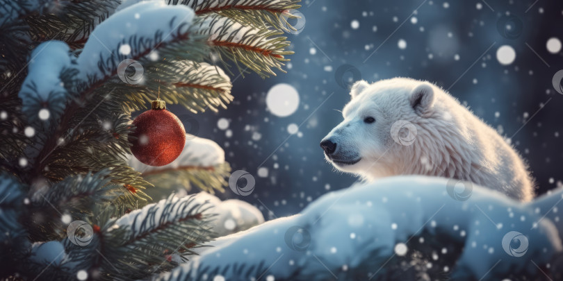 Скачать Белый медведь и рождественская елка с рождественскими украшениями в снегу. Рождественский и новогодний фон. Милый рождественский баннер с животными. Белый медведь в заснеженном зимнем лесу ночью фотосток Ozero