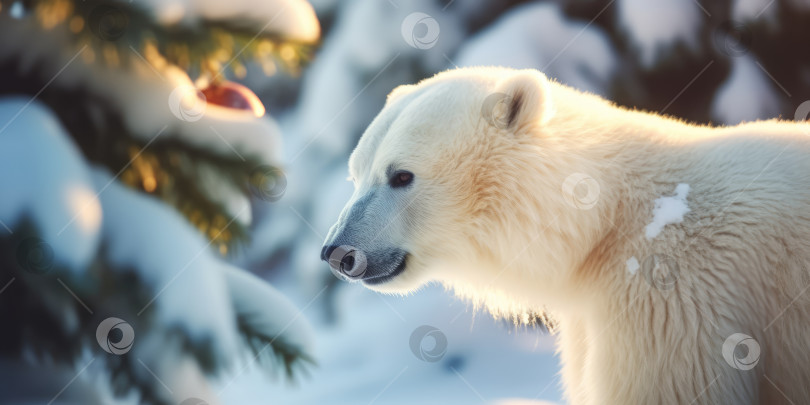 Скачать Белый медведь в снегу. Белый медведь (Ursus maritimus) в заснеженном лесу. Красивый зимний баннер. Рождественские животные. Рождественский и новогодний фон фотосток Ozero