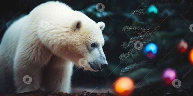 Скачать Белый медведь и рождественская елка с разноцветными рождественскими шарами в снегу. Рождественский и новогодний фон. Милый рождественский баннер с животными. Белый медведь в заснеженном зимнем лесу ночью фотосток Ozero