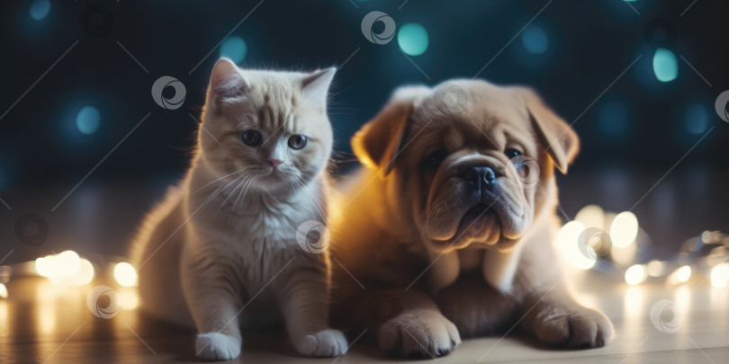 Скачать Кошка и собака. Милый маленький рыжий котенок и щенок Шарпея сидят на полу на фоне боке фотосток Ozero