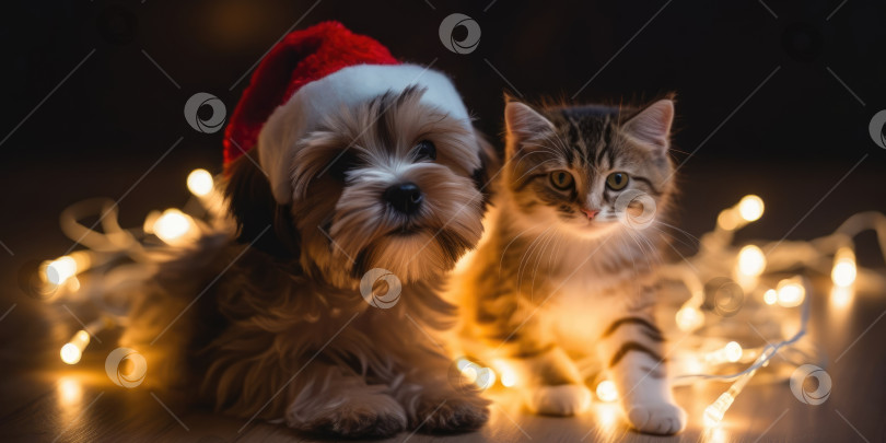 Скачать Кошка и собака в рождественской шляпе и рождественских гирляндах. Домашние животные и Рождество. Милый щенок йоркширского терьера в шляпе Санты, полосатый котенок и электрическая гирлянда с праздничными огнями фотосток Ozero