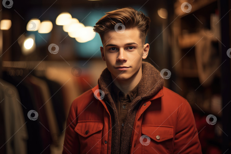 Скачать Портрет красивого молодого человека в красной теплой куртке в магазине одежды. Мужская красота, мода фотосток Ozero