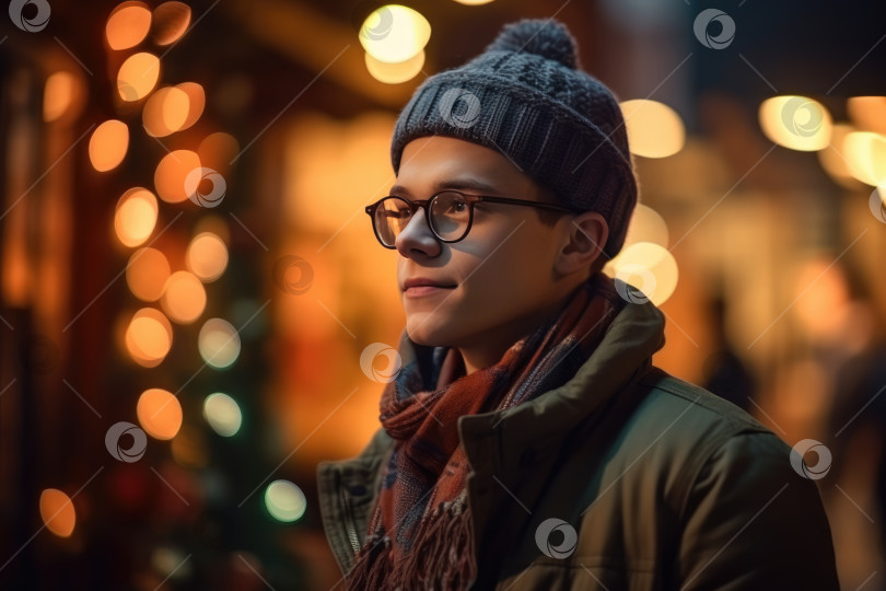 Скачать Красивый молодой человек в очках и зимней шапке на фоне рождественской улицы фотосток Ozero