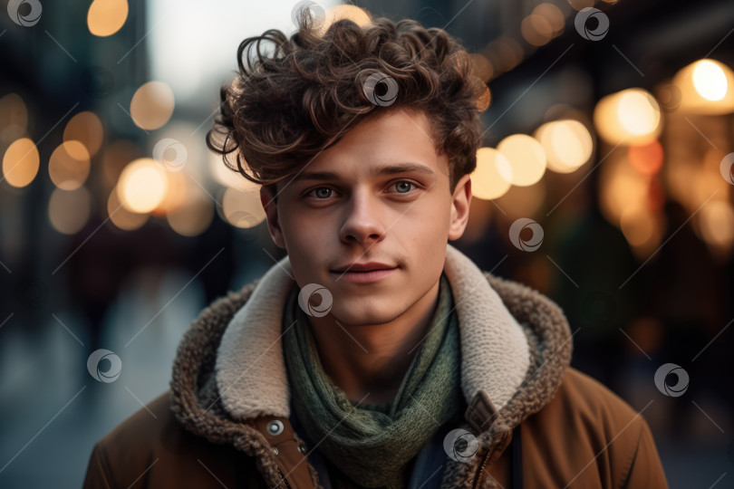 Скачать Портрет красивого молодого человека с вьющимися волосами на городской улице с вечерними огнями в зимнее или осеннее время года фотосток Ozero
