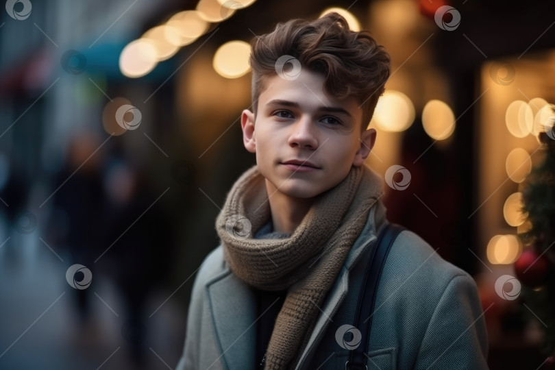 Скачать Портрет красивого молодого человека в пальто и шарфе в городе фотосток Ozero