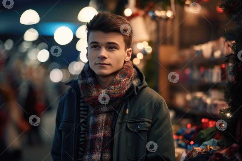Скачать Привлекательный молодой человек смотрит в камеру, стоя перед рождественской ярмаркой. Зимние и рождественские покупки фотосток Ozero