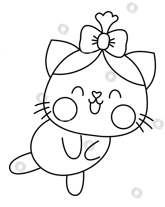 Скачать Векторная черно-белая кавайная иконка застенчивой девушки-кошки с бантом. Линейный клипарт с изолированным котенком. Иллюстрация контура милого котенка. Забавная раскраска на день Святого Валентина для детей с концепцией любви фотосток Ozero