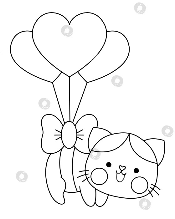 Скачать Векторный черно-белый кот каваи, летающий на воздушных шарах в форме сердца. Линейный клипарт с изолированным котенком. Иллюстрация контура милого котенка, значок. Забавная раскраска на день Святого Валентина для детей с концепцией любви фотосток Ozero