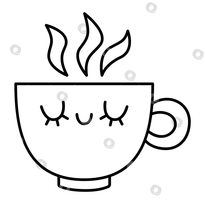 Скачать Векторный черно-белый значок чашки каваи. Линейный улыбающийся клипарт с горячим напитком. Симпатичная контурная иллюстрация чая или кофе. Забавная раскраска для детей с концепцией напитка фотосток Ozero