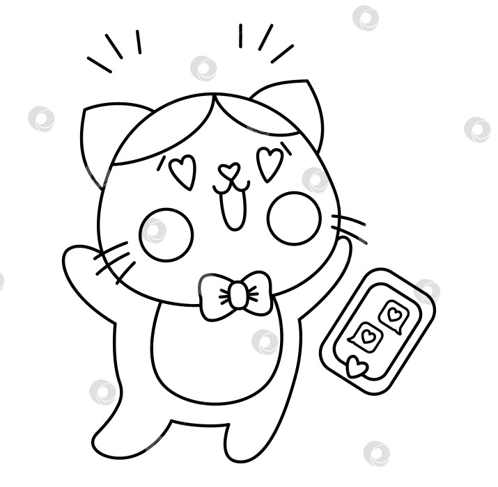 Скачать Векторный черно-белый кавайный мальчик-кот с глазами в форме сердца. Линейный клипарт с изолированным котенком. Милый влюбленный котенок, получивший сообщение. Забавная раскраска или значок на день Святого Валентина для детей фотосток Ozero