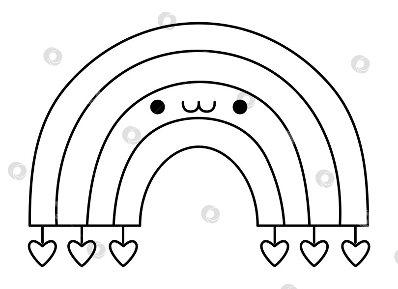 Скачать Векторная черно-белая кавайная радужная иконка с сердечками. Изолированный клипарт с бантом в виде линии природы. Симпатичная контурная иллюстрация. Забавная раскраска на день Святого Валентина для детей с концепцией любви фотосток Ozero
