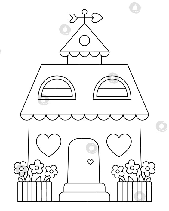 Скачать Векторный черно-белый дом с окнами в форме сердца, цветами, флюгером. Линейный домашний клипарт. Симпатичная иллюстрация контура коттеджа. Забавная раскраска на день Святого Валентина для детей фотосток Ozero