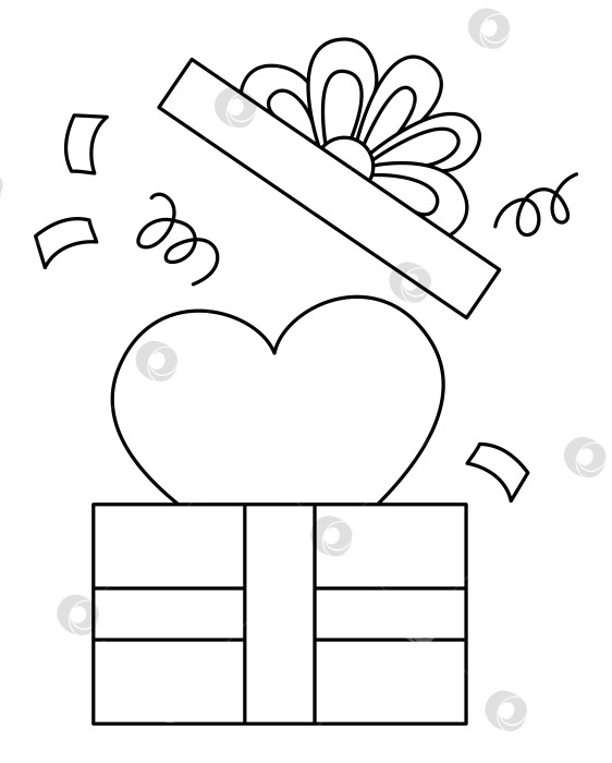 Скачать Векторное черно-белое сердце, достающее из подарочной коробки. Линейный подарочный изолированный клипарт. Милая иллюстрация. Забавная раскраска на день Святого Валентина для детей с концепцией любви или сюрприза фотосток Ozero