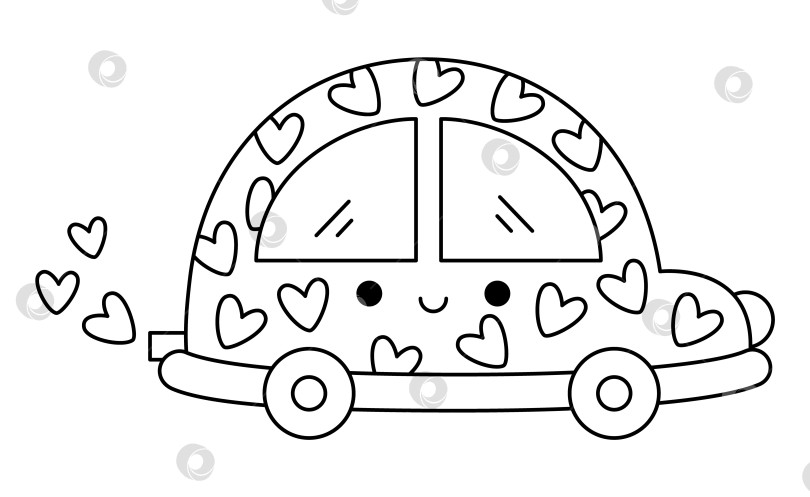 Скачать Векторный черно-белый кавайный автомобиль с сердечками. Линейный улыбающийся автомобильный изолированный клипарт. Симпатичная иллюстрация схемы транспорта. Забавная раскраска на день Святого Валентина для детей с концепцией любви фотосток Ozero