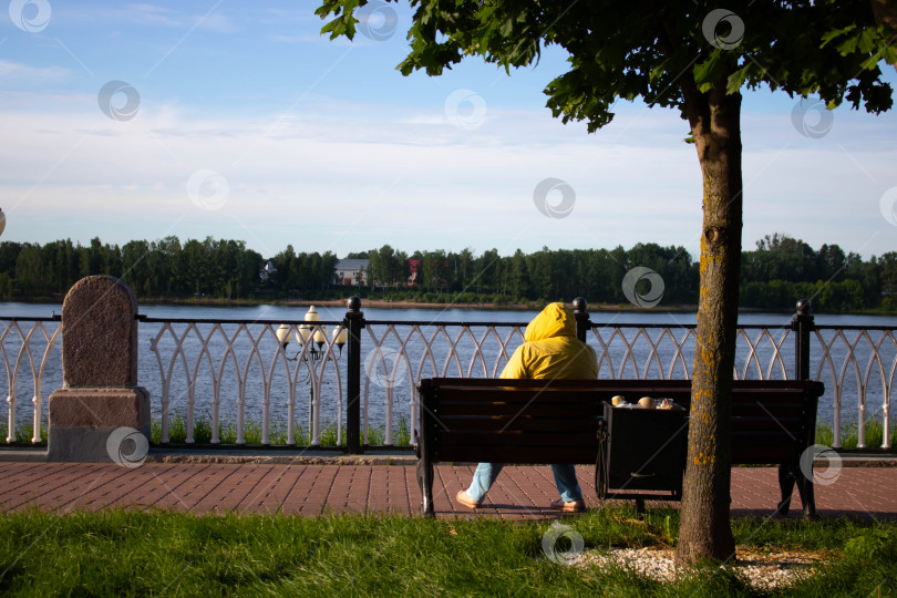 Скачать одинокая женская фигура сидит на скамейке у реки фотосток Ozero