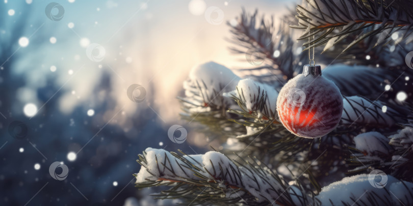 Скачать Красный рождественский шар, висящий на заснеженных ветвях рождественской елки на фоне зимней природы. Красивый фон для рождественских и новогодних поздравительных открыток, открыточных открыток, баннеров, фотосток Ozero