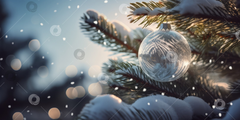 Скачать Рождественская елка и серебряный рождественский шар в снегу. Красивый фон для рождественских и новогодних поздравительных открыток, открыток-приглашений или баннеров, место для копирования фотосток Ozero