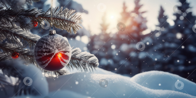 Скачать Красный рождественский шар, висящий на ветках рождественской елки в снегу. Красивый фон для рождественских и новогодних поздравительных открыток, открыток-приглашений или баннеров, место для копирования фотосток Ozero