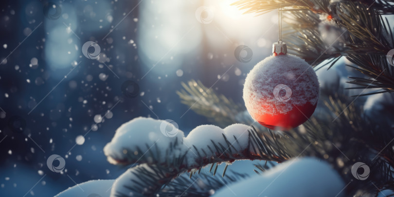 Скачать Ветка рождественской елки и красный рождественский шар в снегу. Красивый фон для рождественских и новогодних поздравительных открыток, открыток-приглашений или баннеров, место для копирования фотосток Ozero
