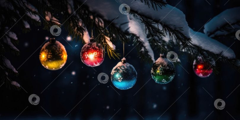 Скачать Разноцветные рождественские шары, висящие на ветвях ели в снегу ночью. Рождественское украшение. Красивый фон для рождественских и новогодних поздравительных открыток, открыток-приглашений, баннеров фотосток Ozero