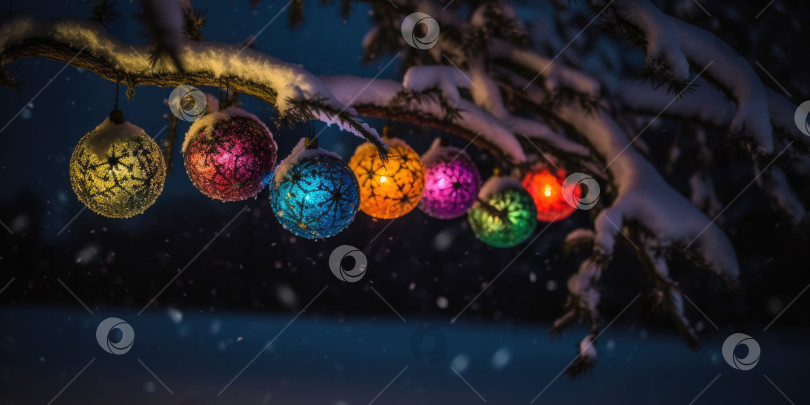 Скачать Рождественское украшение. Разноцветные светящиеся рождественские шары, висящие на ветвях ели в снегу. Красивый фон для рождественских и новогодних поздравительных открыток, почтовых открыток, баннеров фотосток Ozero