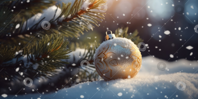 Скачать Ветви рождественской елки и золотой рождественский шар в снегу. Красивый фон для рождественских и новогодних поздравительных открыток, открыток-приглашений или баннеров, место для копирования фотосток Ozero