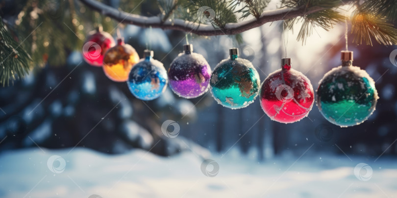 Скачать Разноцветные рождественские шары, висящие на ветвях ели в снегу. Рождественское украшение. Красивый фон для рождественских и новогодних поздравительных открыток, открыток-приглашений, баннеров фотосток Ozero