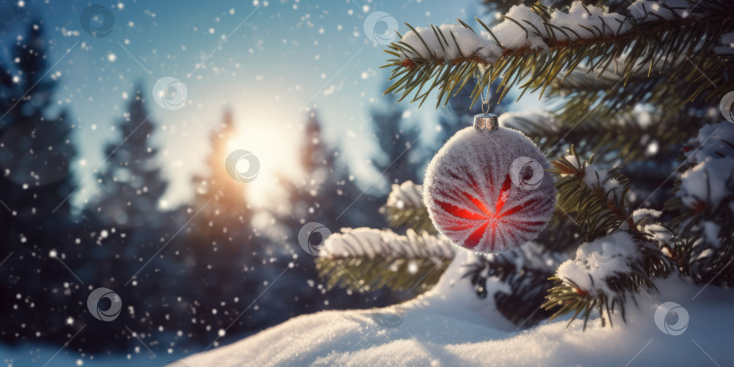 Скачать Красный рождественский шар, висящий на заснеженных ветвях рождественской елки на фоне зимней природы. Красивый фон для рождественских и новогодних поздравительных открыток, открыточных открыток, дизайна баннера, места для копирования фотосток Ozero