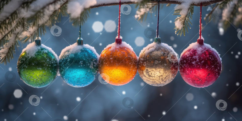 Скачать Рождественское украшение. Разноцветные рождественские шары, висящие на ветвях ели в снегу. Красивый фон для рождественских и новогодних поздравительных открыток, открыток-приглашений, баннеров фотосток Ozero