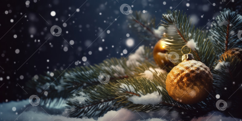 Скачать Ветка рождественской елки и золотой рождественский шар в снегу. Красивый фон для рождественских и новогодних поздравительных открыток, открыток-приглашений или баннеров, место для копирования фотосток Ozero