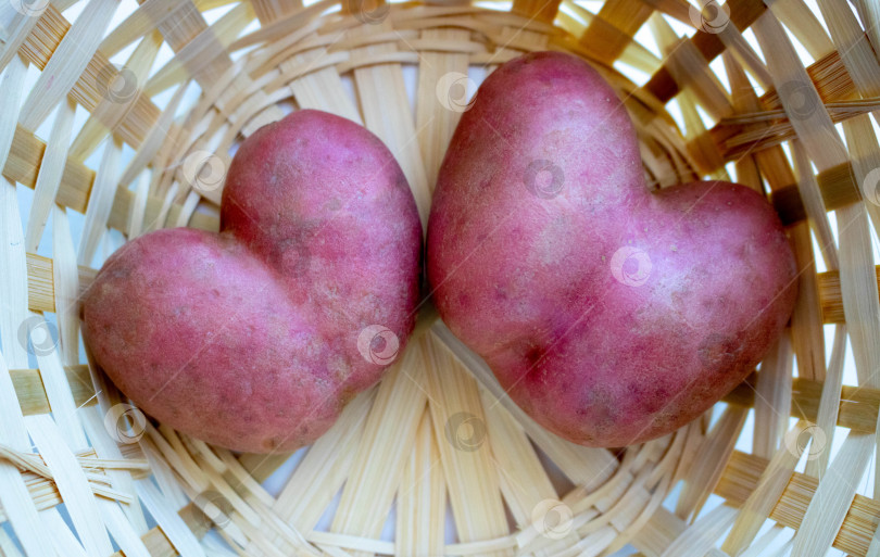 Скачать В корзинке две красные картофелины в форме сердечек. Картофельное сердечко крупным планом фотосток Ozero
