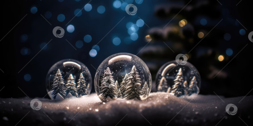 Скачать Рождественские елки в стеклянных пузырях. Рождественские шары и рождественские елки в снегу. Счастливого Рождества и Нового года, праздничный красивый фон, место для копирования фотосток Ozero