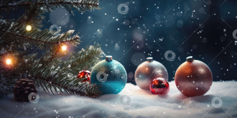 Скачать Рождественское украшение в снегу. Синие, красные и серебряные рождественские шары, заснеженные ветви рождественской елки и конус в снегу. Фон с Рождеством и Новым годом фотосток Ozero