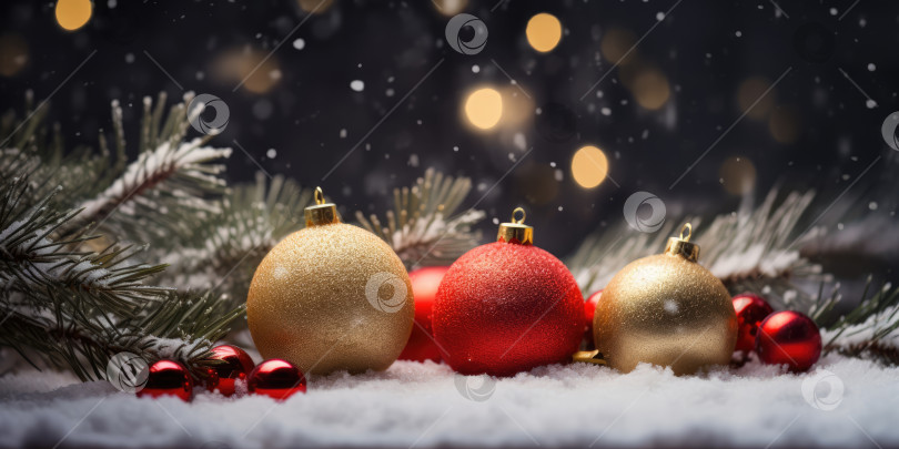 Скачать Рождественские украшения. Золотые ветки рождественской елки, красные и золотые рождественские шары на черном фоне. Красивый фон для рождественских и новогодних поздравительных открыток, почтовых открыток, баннеров фотосток Ozero