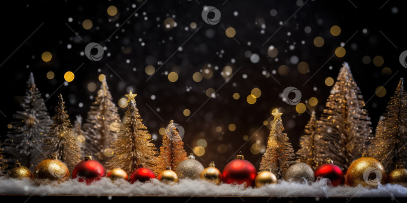Скачать Красные, золотые и серебряные рождественские шары и игрушечные елки в снегу. Рождественские украшения. Красивый фон для рождественских и новогодних поздравительных открыток, открыток-приглашений, баннеров фотосток Ozero