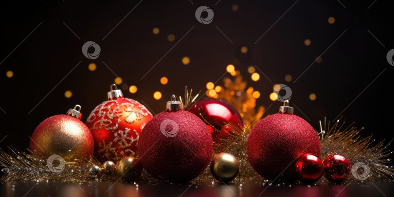 Скачать рождественские украшения. Красные рождественские шары на черном фоне, скопируйте пробел. Красивый фон для рождественских и новогодних поздравительных открыток, почтовых открыток, баннеров фотосток Ozero
