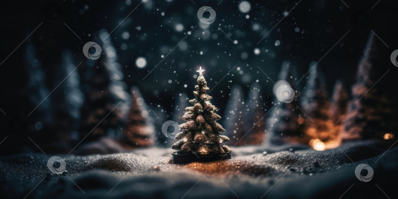 Скачать Рождественская елка в снегу в заснеженном зимнем лесу ночью. Рождественский и новогодний фон фотосток Ozero