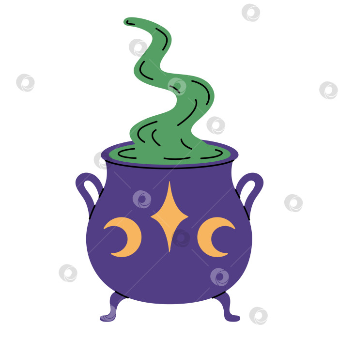 Скачать Фиолетовый ведьмин котел с варящимся зеленым зельем, выделенный на белом фоне. Горшок со звездой и лунами. Векторная плоская иллюстрация колдовства фотосток Ozero