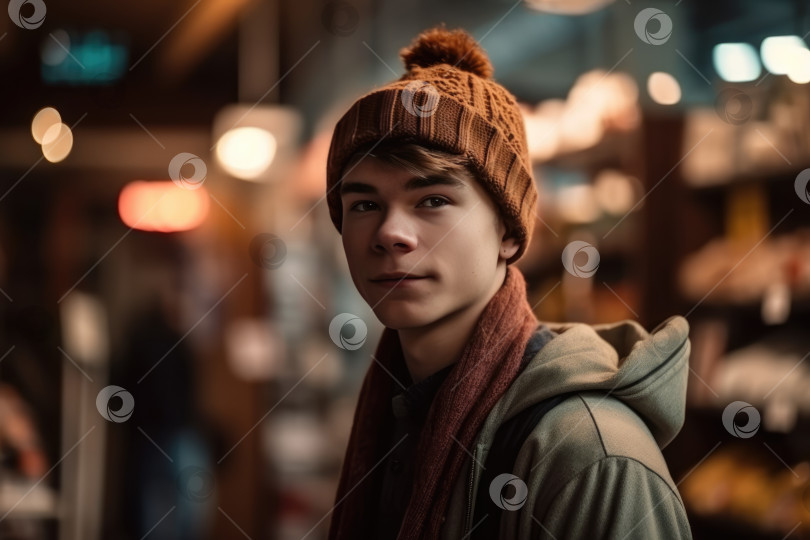 Скачать Портрет красивого молодого человека в шляпе и теплой куртке в ночном городе фотосток Ozero
