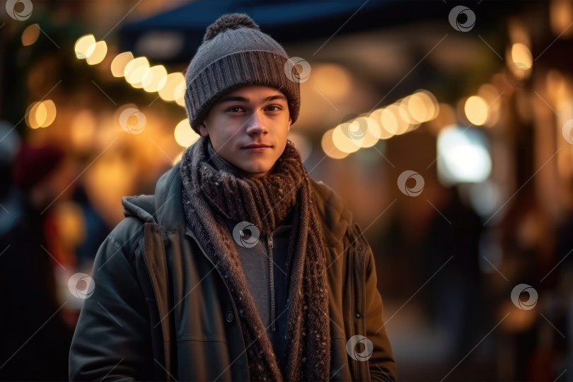 Скачать Портрет красивого молодого человека в зимней одежде на фоне рождественской ярмарки или ночной городской улицы фотосток Ozero