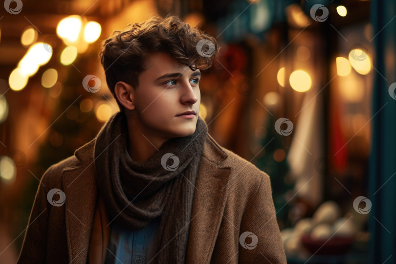 Скачать Портрет красивого молодого человека в пальто и шарфе на улице фотосток Ozero