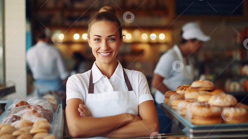 Скачать Женщина-пекарь, стоящая со свежим хлебом на заднем плане. Счастливая женщина, стоящая в своей пекарне и смотрящая в камеру. фотосток Ozero