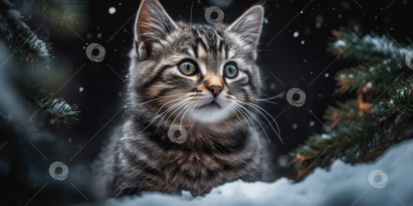 Скачать Симпатичный полосатый кот в зимнем лесу. Концепция Нового года и Рождества фотосток Ozero