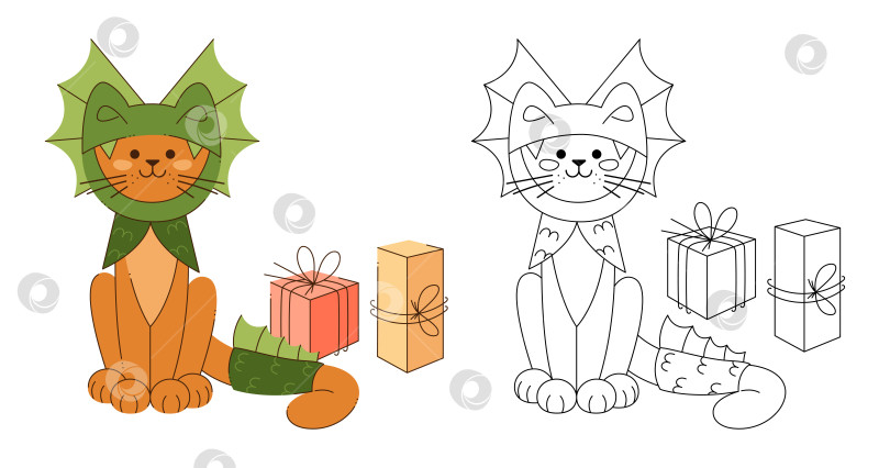 Скачать Милый персонаж-кот в костюме дракона с коробками подарков. Цветная, черно-белая векторная иллюстрация. фотосток Ozero