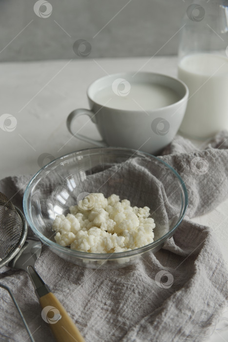 Скачать Молочные кефирные зерна в стеклянной миске с чашкой и бутылкой кефира на белом столе. фотосток Ozero