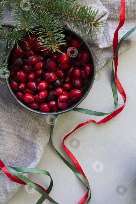 Скачать Елочная гирлянда ручной работы из натуральных красных ягод, еловых веток, концепция новогоднего и рождественского декора из экологически чистых материалов, не содержащих пластика. фотосток Ozero
