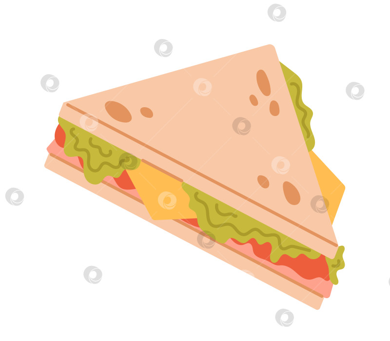 Скачать Векторный сэндвич с ветчиной, сыром и овощами в плоском дизайне. Американский фаст-фуд. фотосток Ozero