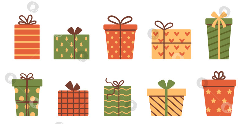 Скачать Набор векторных подарочных коробок. Праздничные подарки в праздничной бумажной упаковке с ленточными бантами. Коллекция подарков на Рождество, Новый год или День рождения. фотосток Ozero