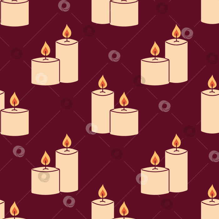 Скачать Векторный бесшовный узор с декоративными свечами с огнем. Горящие восковые свечи на темно-красном фоне. Дизайн упаковки или текстиля. фотосток Ozero