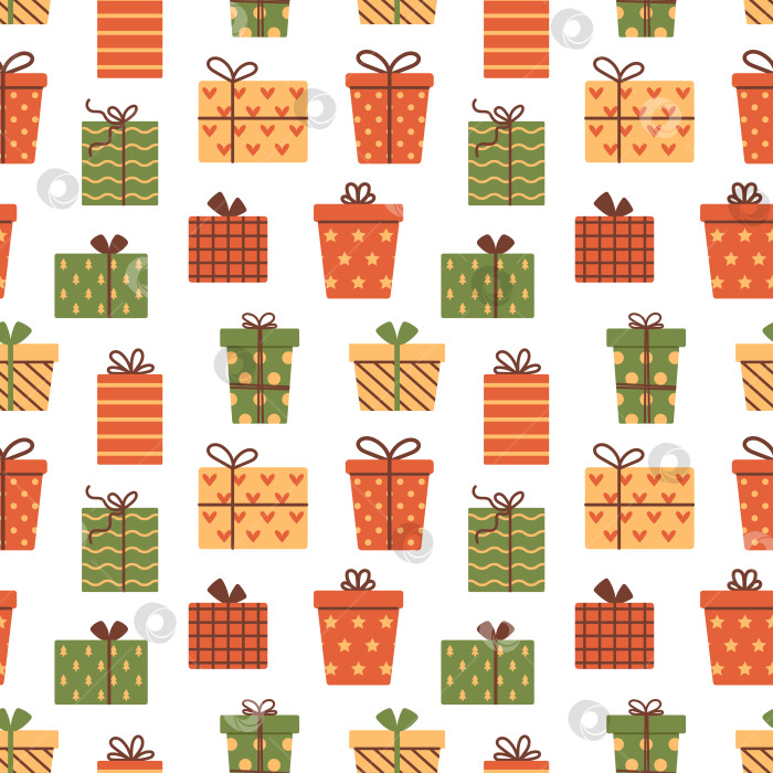 Скачать Векторный бесшовный узор подарочной коробки. Праздничные подарки в праздничной бумажной упаковке с ленточными бантами на белом фоне. Принт с подарками на Рождество, Новый год или день рождения. Дизайн упаковки и текстиля. фотосток Ozero